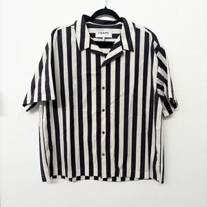 FRAME Black White Striped Button Up Shirt Mens Size L Camp Collar Short Sleeve